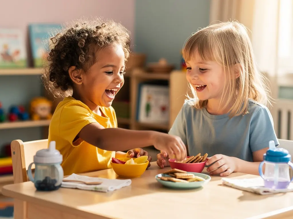 Two happy children sharing a snack together at daycare