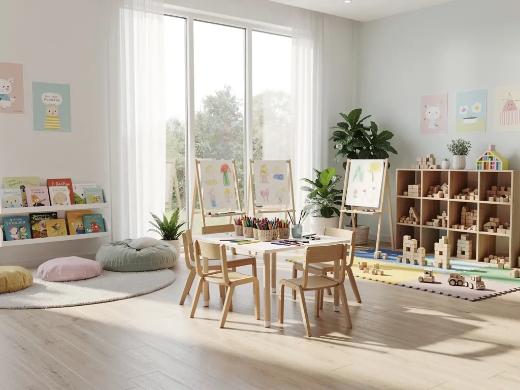 Bright Steps Daycare interior showing colorful classroom with play stations