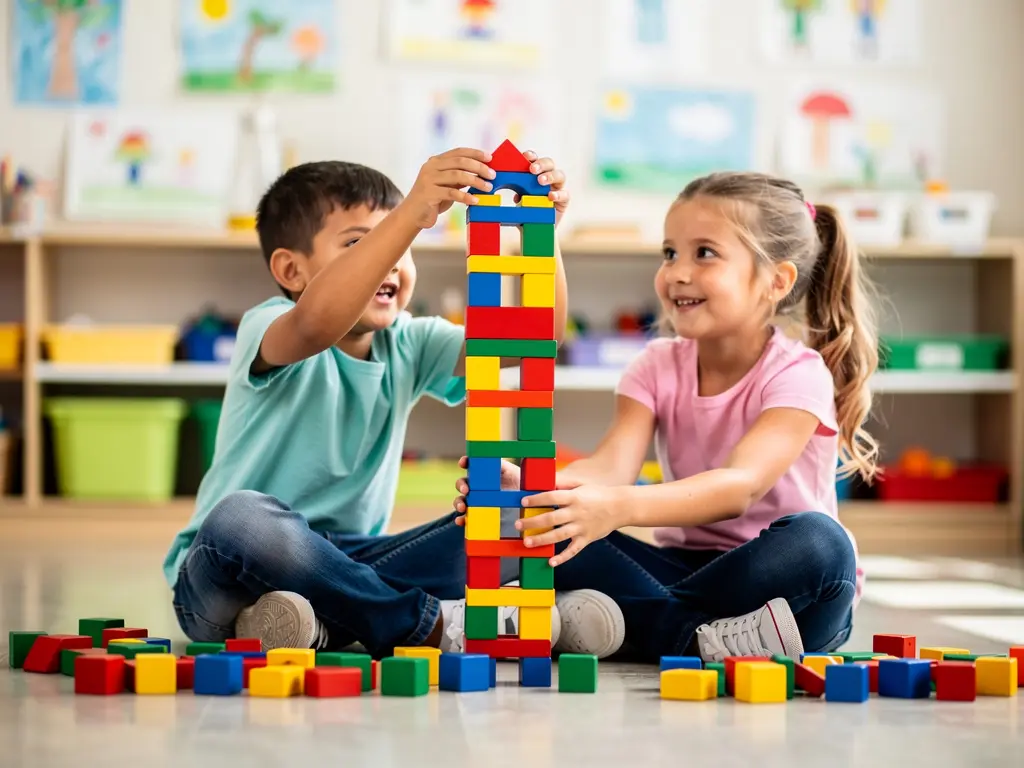 Two children building a tall tower with colorful wooden blocks