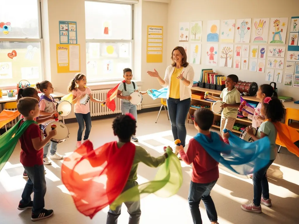 Children dancing and playing musical instruments in music class