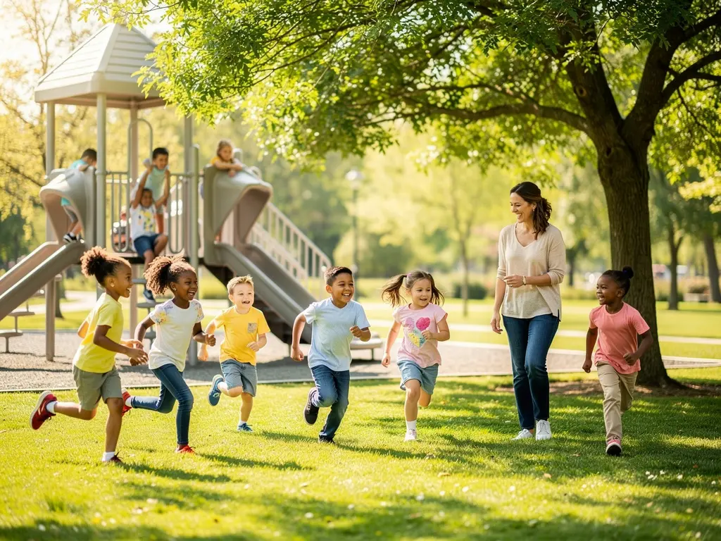 Children playing on the outdoor playground on a sunny day