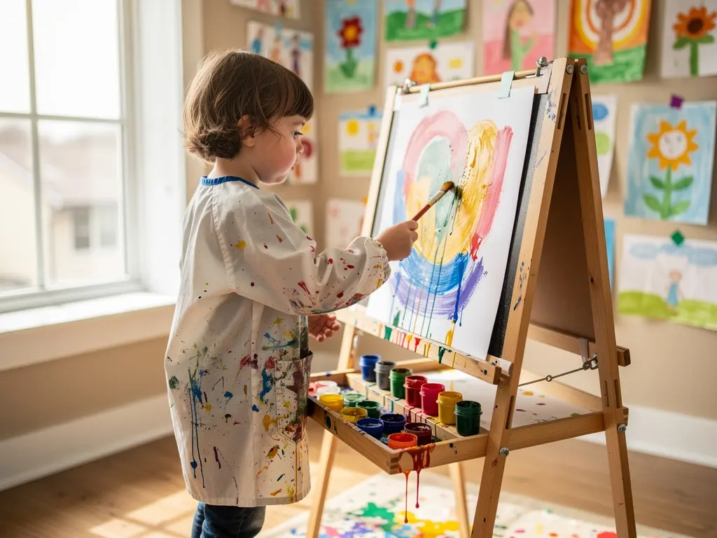 Child in a smock painting at an easel in the bright art corner