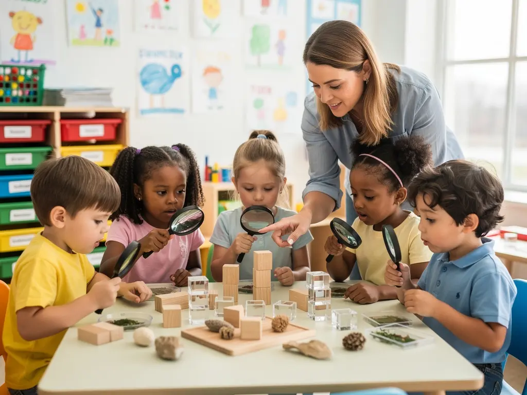 Children doing hands-on STEM experiments with magnifying glasses and blocks