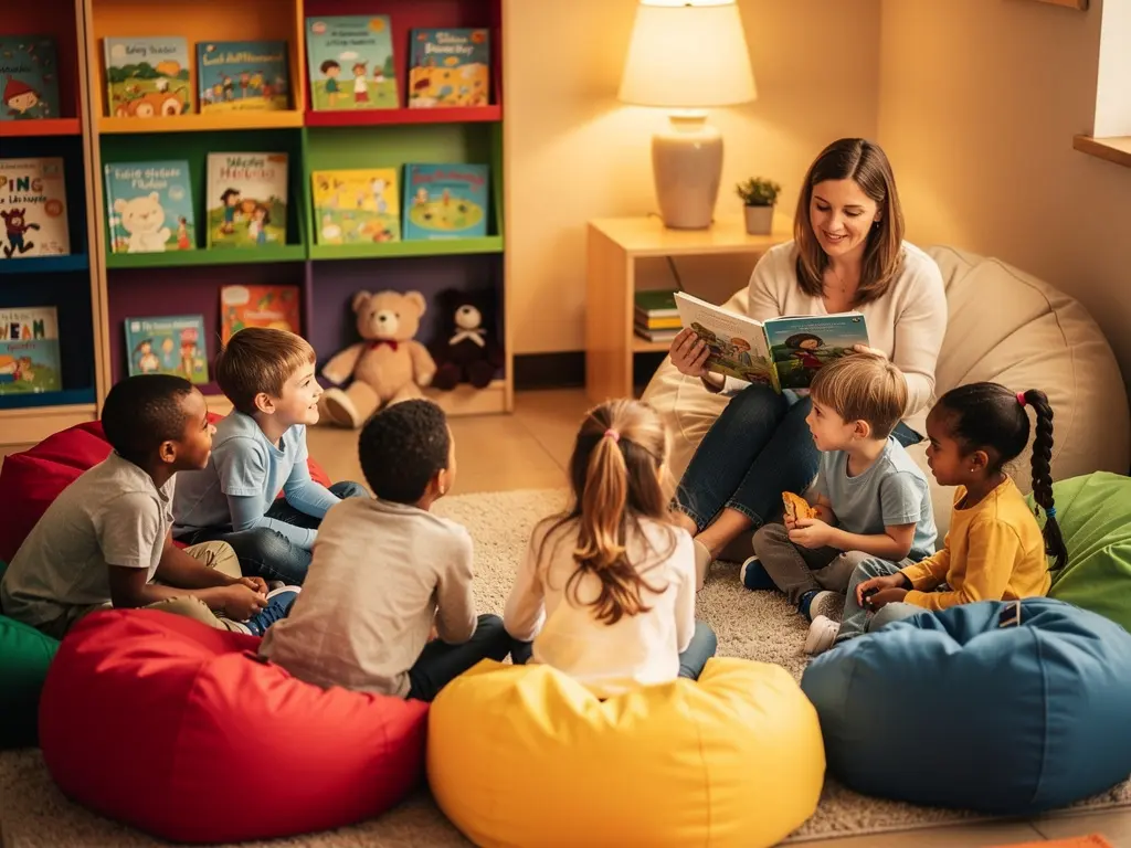 Teacher reading a story to captivated children in the cozy reading corner