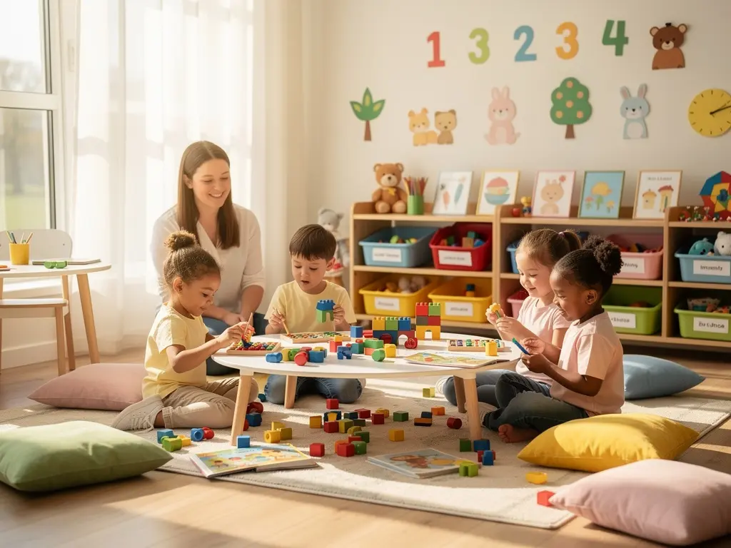 Happy children playing together in a bright, colorful daycare classroom