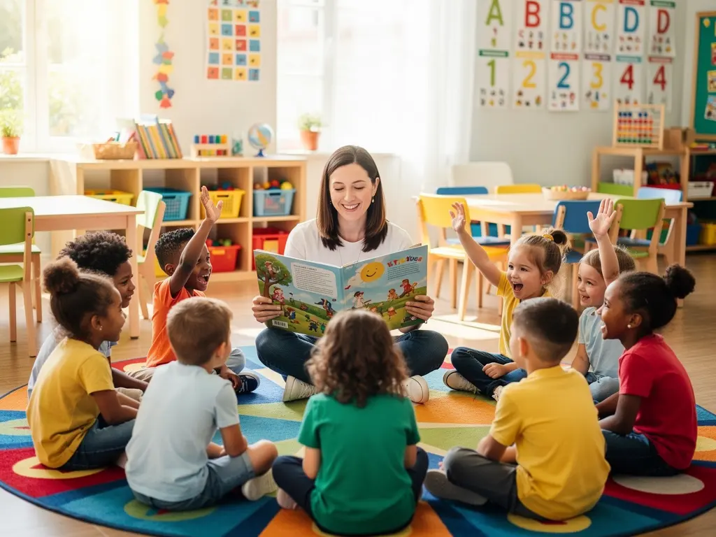 Preschool children in circle time with their teacher