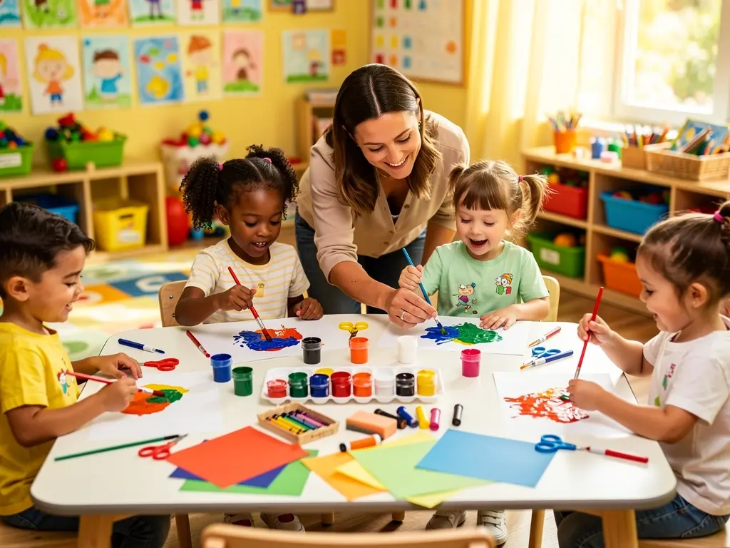 Toddler classroom with children doing arts and crafts